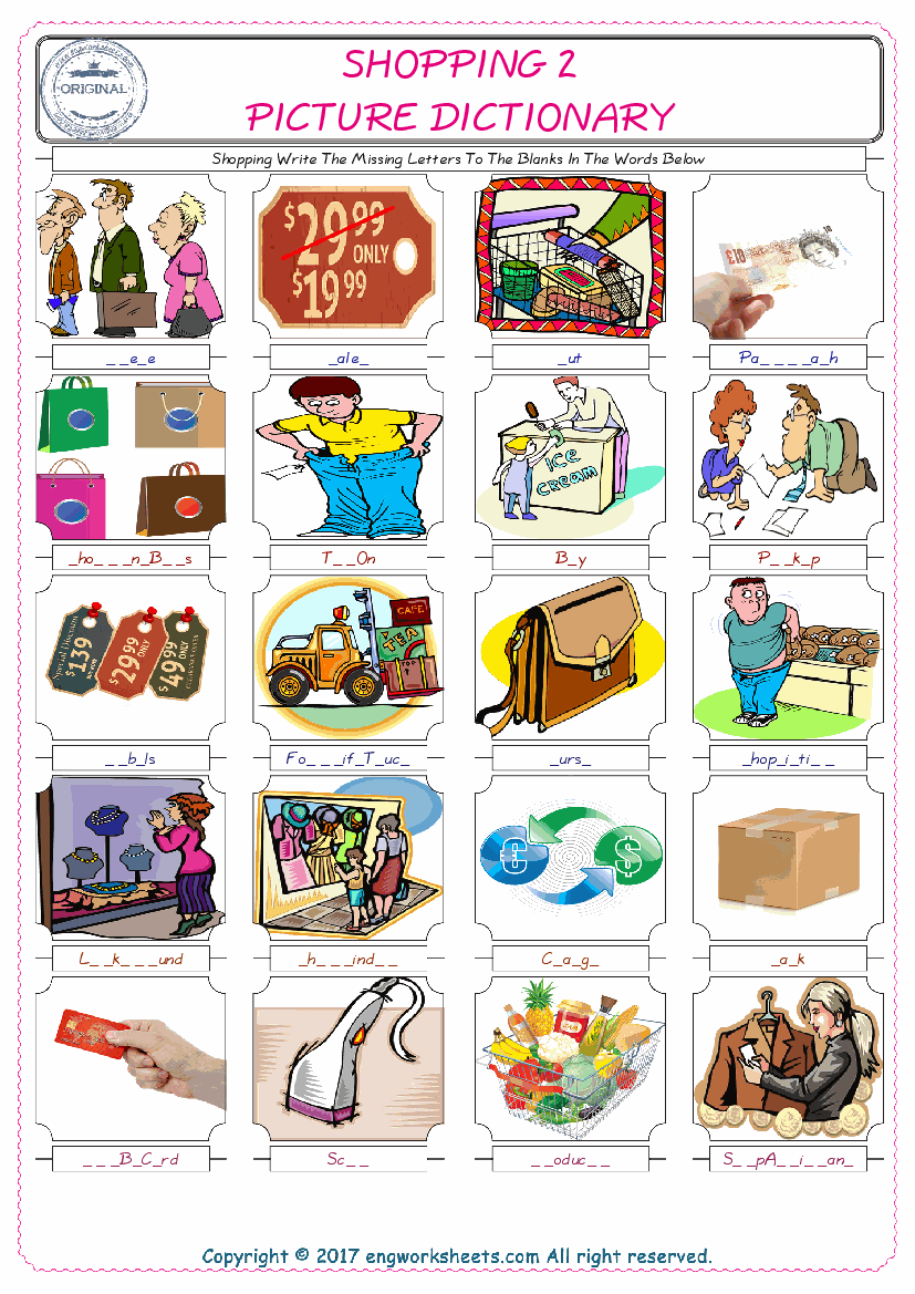  Shopping Words English worksheets For kids, the ESL Worksheet for finding and typing the missing letters of Shopping Words 